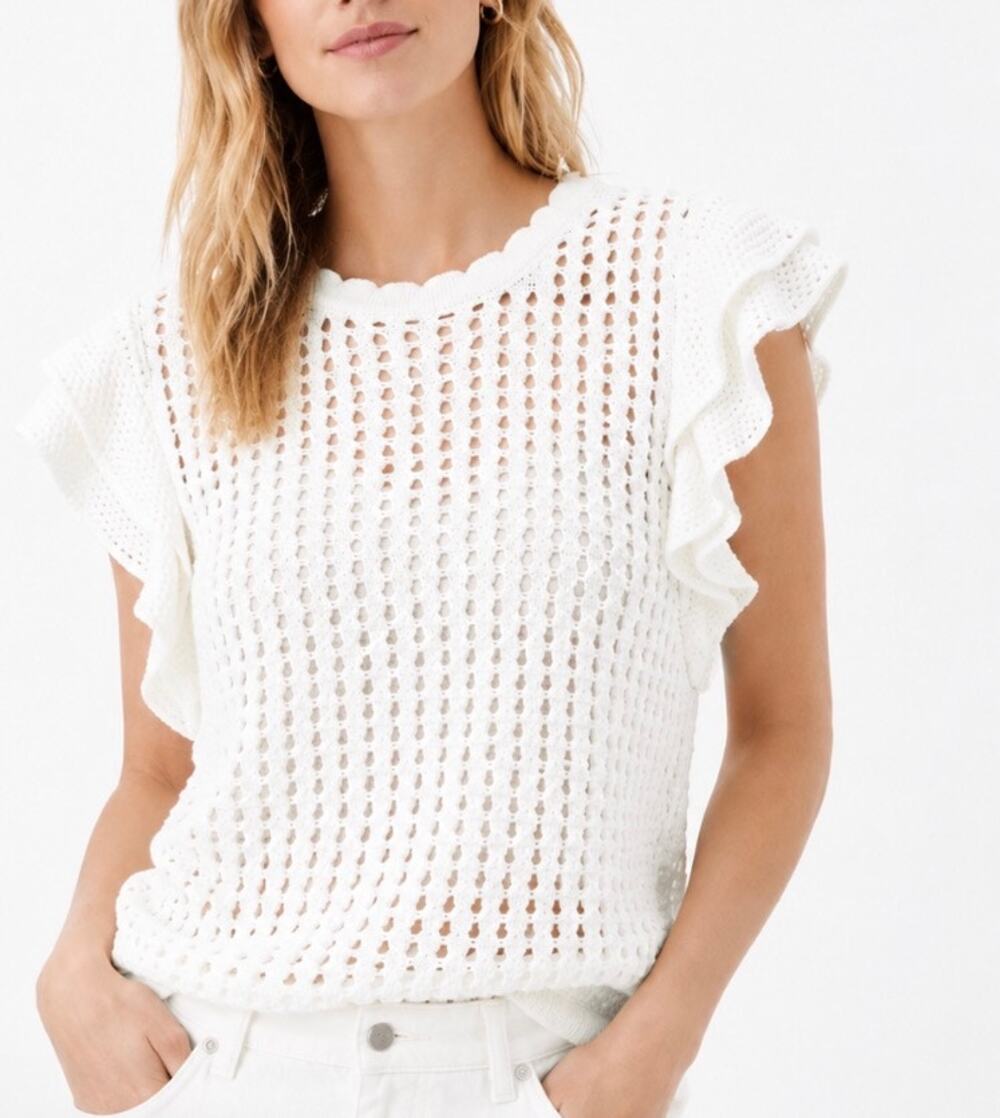 Gap Flutter Sleeve Crochet Sweater Women’s M Ivory White 100% Cotton Coastal